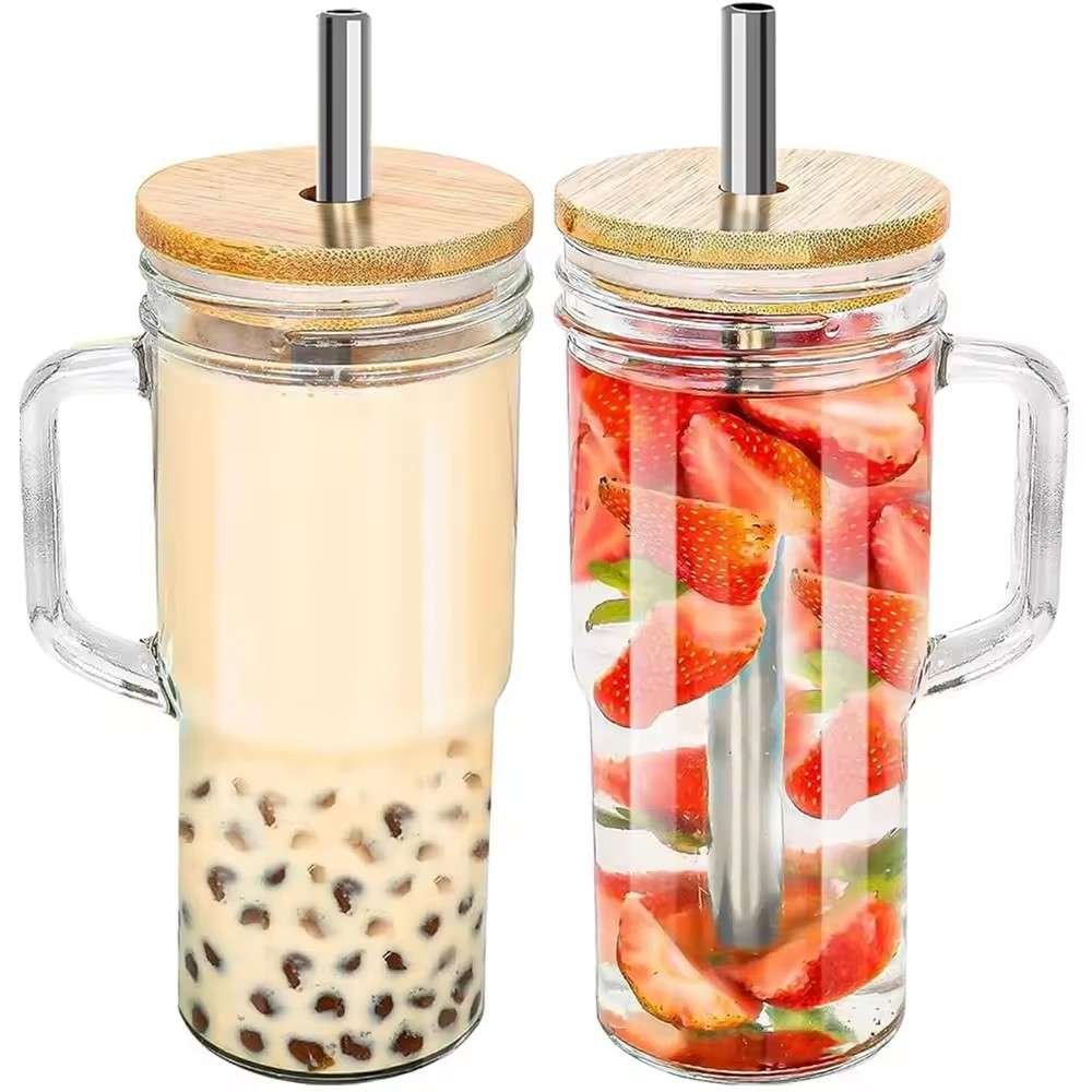 Glass cups with bamboo lids wholesale 4 Glass Drinking Tumbler With Lid