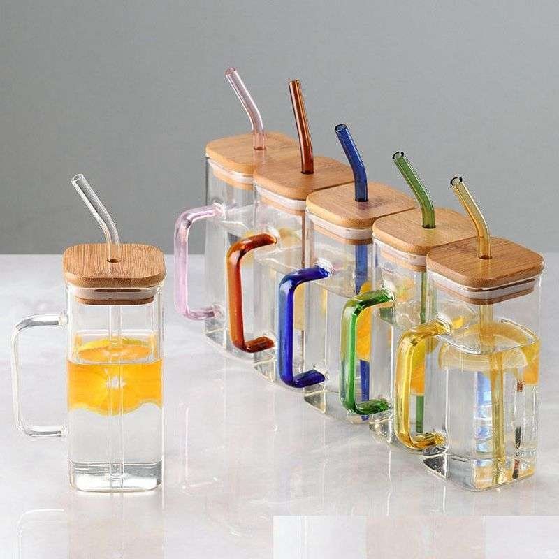 Glass cups with bamboo lids wholesale 5 Glass Cup Home Drinking Cup With Handle